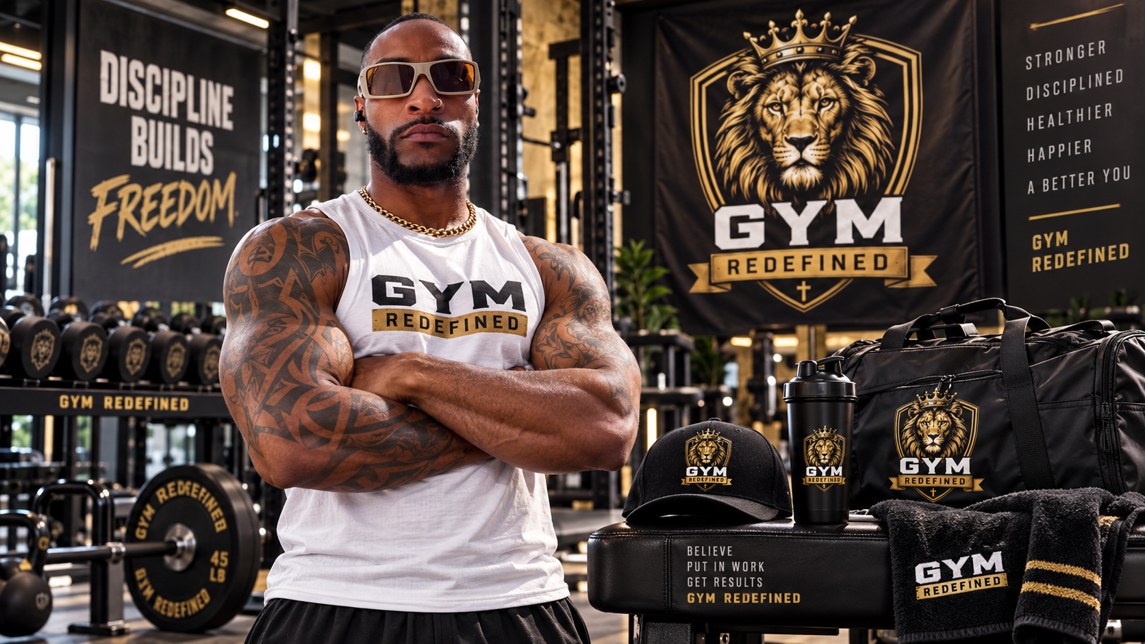 Coach Thad in the Gym Redefined gym with the crowned lion banner and branded training gear